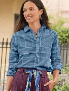 Dylan Sundance Blue Stone Patchwork Button Down Longsleeve Shirt Size Medium